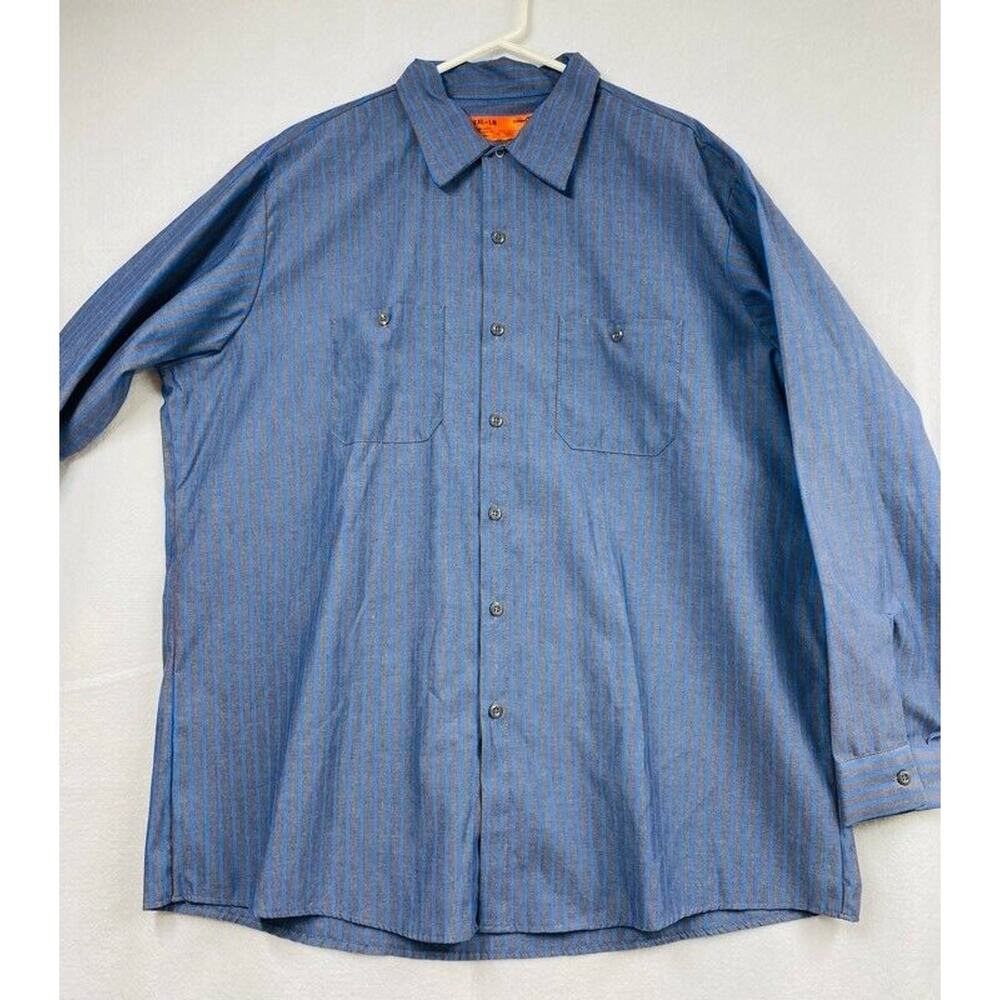 Cornerstone Mens Button Front Shirt Blue Gray Stripe Long Sleeve Pocket 2XL New